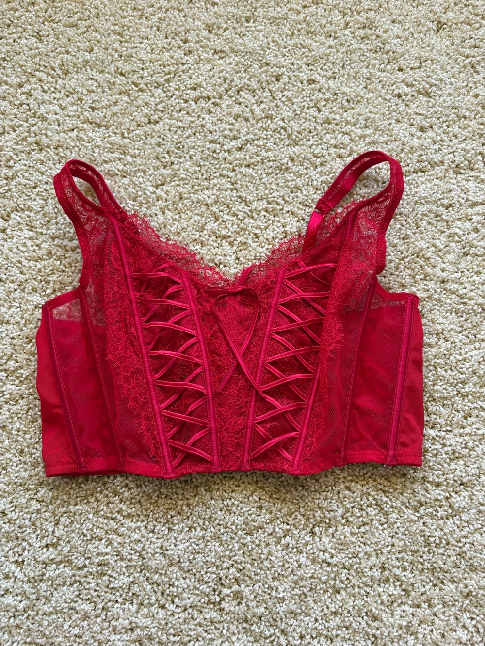 Victoria’s Secret Dream Angels Lace Corset Bustier Bralette Red XL Sheer Boned